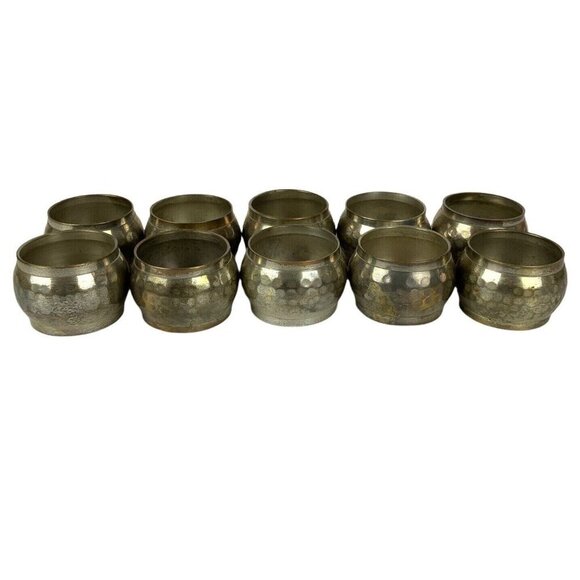 Hammered Silvertone Brass Napkin Rings Set Of 10 With Patina Finish Made In Indi - Picture 4 of 7